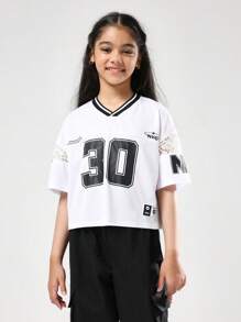 SUMWON Oversized Crop Jersey T-Shirt Varsity College Style Number 30 NYC Print Short Sleeve V-Neck Lace Insert White Top Streetwear School Summer Spring - Black - View 3