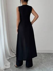 Elenzga Halloween V-Neck Tie Waist Sleeveless A-Line Top With Gold Floral Trim Vest And Straight Leg Pants, Elegant & Romantic Women 2 Pieces Set - Black - View 2