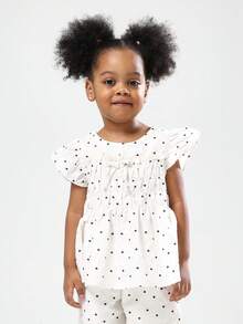 SUMWON 女孩心形印花飘袖上衣和阔腿裤套装夏季假日休闲装蝴蝶结细节弹性褶饰套装 - 杏色 - 查看 3