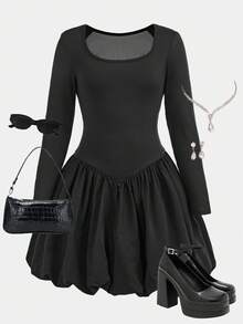 SHEIN 女童优雅方领泡泡袖长袖纯黑色迷你连衣裙 - 黑色 - 查看 2