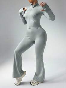 Easithlete Women Plus Size Casual Zipper Jacket With Thumb Hole & High Waist Flare Pants 2 Pieces Set Workout Women Set Y2k