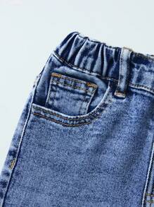 SHEIN Quần jean xanh nhạt rách cho bé gái, thêu hình ngôi sao, cạp chun, ống loe ôm sát - Rửa tối - Xem 3