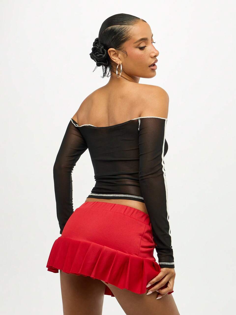 SUMWON WOMEN Mesh Off Shoulder Crop Top With Varsity Number Print