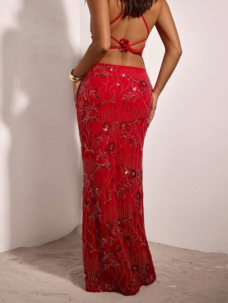 女士度假亮片装饰低腰美人鱼裙摆半身裙，红色亮片长裙，适合秋季、冬季、万圣节装扮、仙女风、商务休闲、圣诞节优雅性感派对约会之夜、婚礼宾客裙装、哥特风 - 紅色 - 查看 1