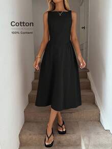 Easowa 圆领腰部褶皱 A 字形伞裙，女士休闲度假优雅中长连衣裙，棉质面料，春夏 - 黑色 - 查看 3