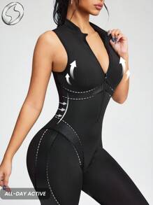 Innovista 黑色PU拉链连体运动服，无袖，高弹PU拼接，前拉链，透气网布后背，可拆卸胸垫 | 塑形压缩，提臀，防蹲，适合健身房训练、瑜伽、普拉提 | 拉链运动紧身衣 | Gymtok Moto 运动休闲 Y2k - 黑色 - 查看 3