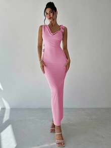 Firerie 女装夏季新款优雅浪漫迷人派对婚礼宾客毕业杏色不对称肩部无袖碎花后背系带直筒连衣裙，适合返校、机场、外出 - 粉色 - 查看 3