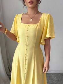 Rafferiza Women Casual Square Collar Ruffle Sleeve Solid Color Yellow Dress - Yellow - View 6