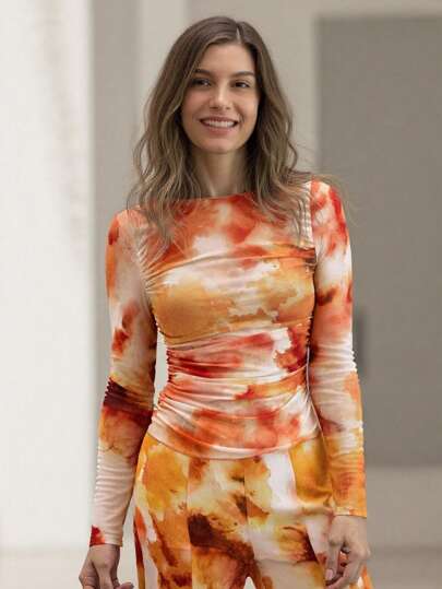 SHEIN LUNE Women's Random Printed Pleated Long Sleeve Going Out Top