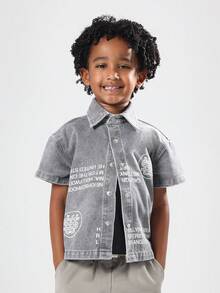 SUMWON Kids Streetwear Grey Denim Overshirt Short Sleeve Button Down Shirt With Front Back Graphics And Printed Text Regular Fit Urban Fashion Casual Wear - Grey - View 1
