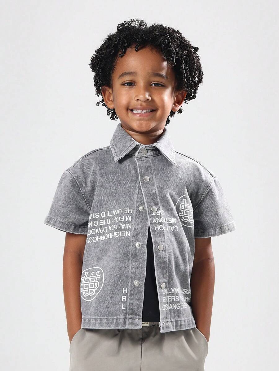 SUMWON Kids Streetwear Grey Denim Overshirt Short Sleeve Button Down Shirt With Front Back Graphics And Printed Text Regular Fit Urban Fashion Casual Wear - Grey - View 1