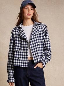 WESTFADE Gingham Notch Collar Double Breasted Boxy Fit Cropped Trench Coat Back To School Cute Fall Clothes