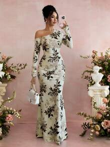 Vestido de manga larga ajustado con hombro oblicuo y estampado floral para mujer - Multicolor - Ver 7