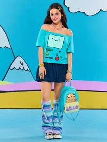 Adventure Time X ROMWE Off-Shoulder Funny Cartoon Print Women Short Sleeve T-Shirt - Green - View 4
