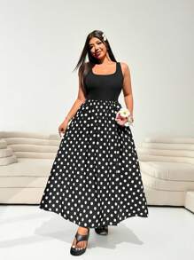 SHEIN EZwear 大码波尔卡圆点印花拼布无袖连衣裙