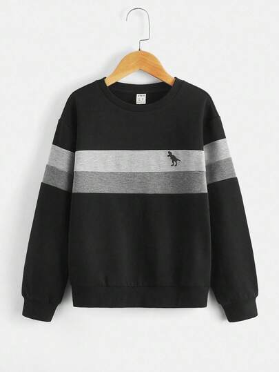 Sudadera de cuello redondo informal con mangas largas y bloques de color negro con detalle de parche de dinosaurio para niños preadolescentes, para invierno y otoño