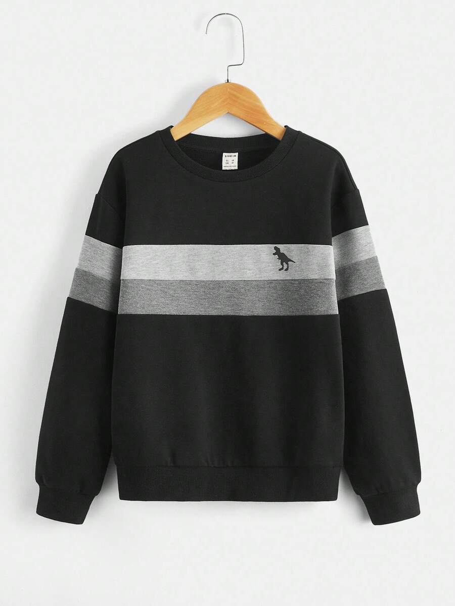 Sweatshirt Pullover Lengan Panjang Warna Hitam Blok dengan Detail Patch Dinosaurus, Kasual Sehari-hari, Kerah Bulat, Anak-anak, Musim Dingin, Musim Gugur - Hitam - View 1