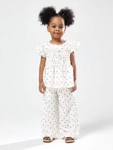 SUMWON 女孩心形印花飘袖上衣和阔腿裤套装夏季假日休闲装蝴蝶结细节弹性褶饰套装 - 杏色 - 查看 1