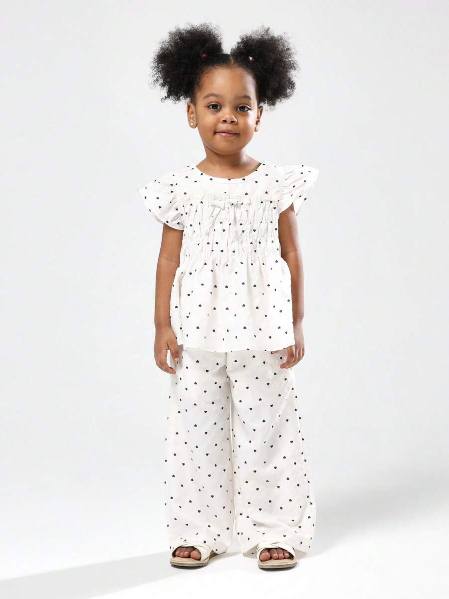 SUMWON 女孩心形印花飘袖上衣和阔腿裤套装夏季假日休闲装蝴蝶结细节弹性褶饰套装 - 杏色 - 查看 1