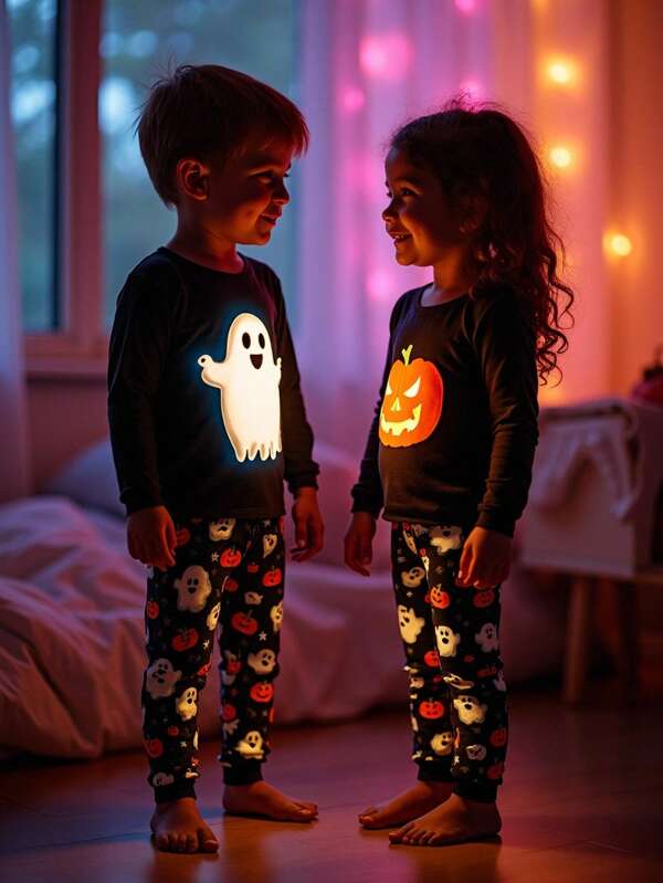 2pcs Young Boy Cute Halloween Ghost & Pumpkin Glow-In-The-Dark Cartoon Print Black Base Casual Tight-Fit Long Sleeve Top And Pants Snug Fit Pajama Set, For Halloween Party Halloween Pajamas Glow In The Dark Pajamas Fall Winter