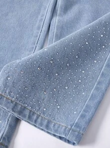 2 件套年轻女孩休闲舒适时尚度假风格牛仔裤和无袖短款上衣，柔软轻便，夏季 - 淺色水洗藍 - 查看 5