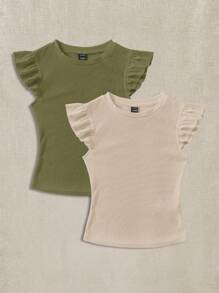 SHEIN EZwear 2pcs Green & Apricot Ribbed Fabric Round Neck Fitted T-Shirt Set With Flutter Sleeves, Suitable For Summer - Multicolor - View 10