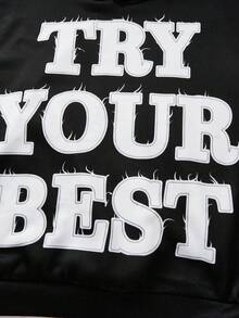 SHEIN 2 件装青少年男孩休闲运动街头时尚抓绒材质大字母图案连帽运动衫和喇叭裤套装适合儿童服装幼儿男孩服装返校男孩套装适合生日派对、晚会、表演、婚礼、洗礼、开幕式日常适合日常使用适合上学适合旅行适合运动适合秋冬季节 - 黑色 - 查看 4