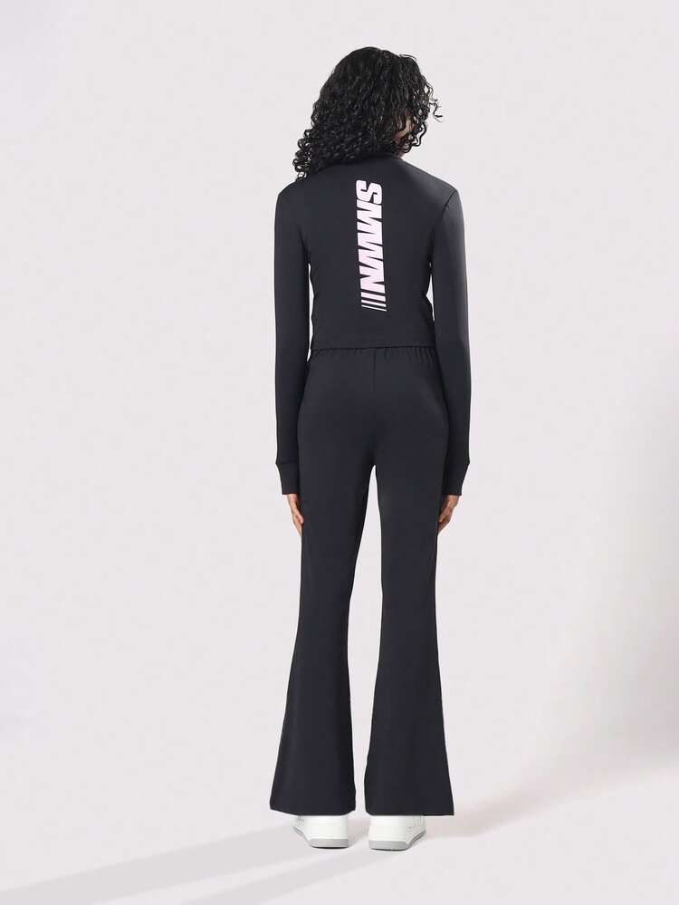 Ruched Front Zip Crop Top With Bell Bottom Pants Co-Ord