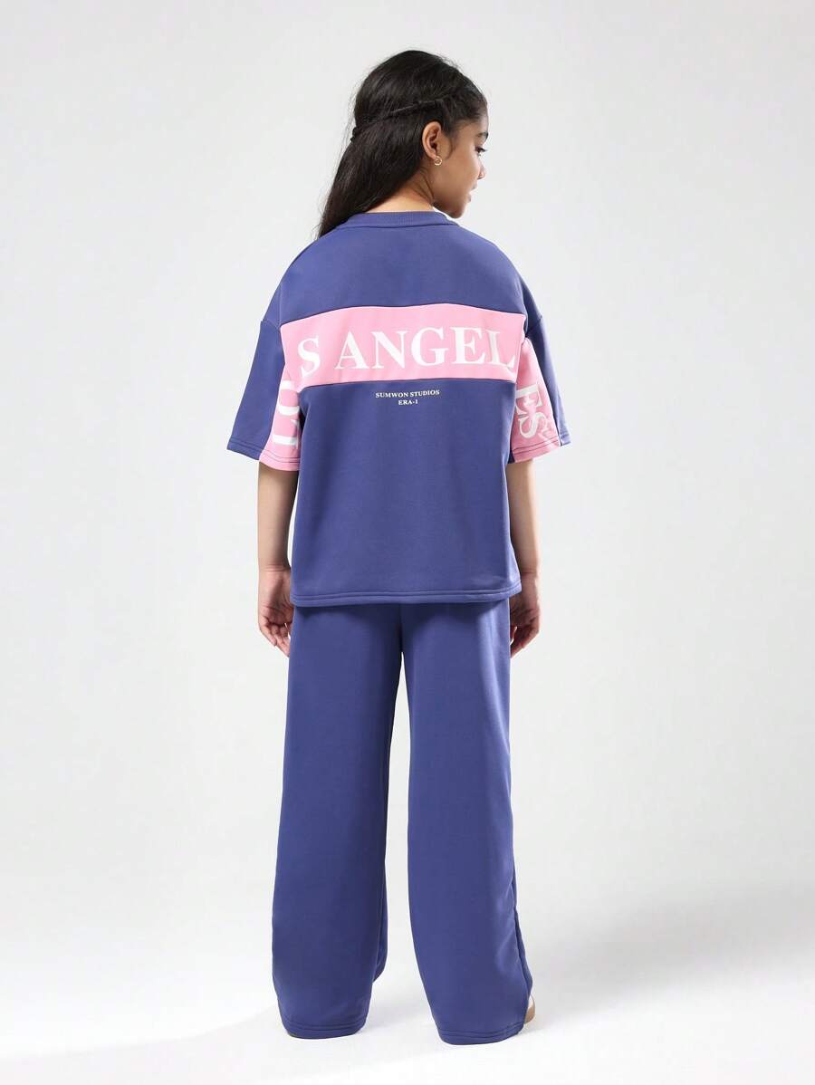 SUMWON 洛杉矶天使队少女运动套装宽松休闲套装阔腿裤秋冬街头风搭配 - 寶藍色 - 查看 1