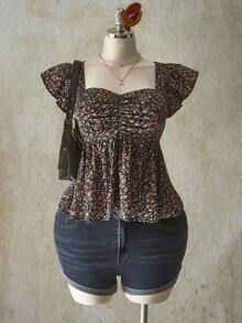 SHEIN ICON 加大码褶饰前片荷叶边短袖娃娃装上衣，适合夏季和度假 - 彩色 - 查看 1