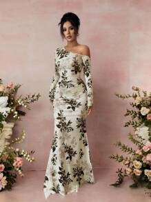 Vestido de manga larga ajustado con hombro oblicuo y estampado floral para mujer - Multicolor - Ver 6