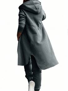 SHEIN LUNE Của phụ nữ Màu thuần Thả vai Tay áo dài áo có mũ Áo khoác Và Quần Bộ - Xám - Xem 2