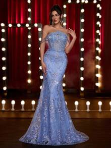 Glamrae Elegantes, luxuriöses, besticktes, Off-Shoulder Meerjungfrauenkleid mit Pailletten, Kunstperlenkette und Schleppe, geeignet für Hochzeiten, Veranstaltungen, Partys, Abschlussfeiern, Galas (strapazierfähig)