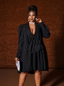 Maweii Plus-Size Women's Bow Bow Tie Loose New Year Party Dress Fall - Black - View 3
