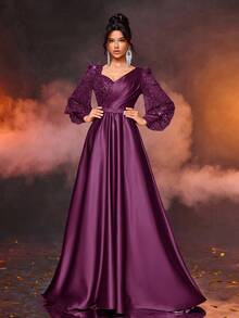 Glamrae Váy maxi satin dài tay đính hạt sequin lấp lánh thanh lịch màu đỏ burgundy sang trọng có thắt lưng có thể tháo rời, thích hợp cho đám cưới, tiệc tùng, kỳ nghỉ, tốt nghiệp, vũ hội, mẹ cô dâu - Màu tím - Xem 1