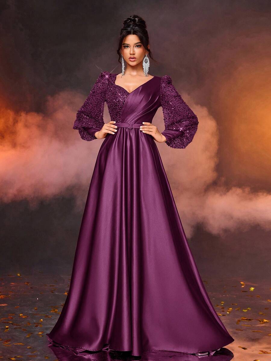 Glamrae Váy maxi satin dài tay đính hạt sequin lấp lánh thanh lịch màu đỏ burgundy sang trọng có thắt lưng có thể tháo rời, thích hợp cho đám cưới, tiệc tùng, kỳ nghỉ, tốt nghiệp, vũ hội, mẹ cô dâu - Màu tím - Xem 1