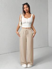 SHEIN PETITE Quần ống rộng họa tiết ba mảnh dành cho nữ màu đen + trắng + xanh lá cây - Nhiều màu - Xem 6