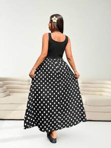 SHEIN EZwear 大码波尔卡圆点印花拼布无袖连衣裙