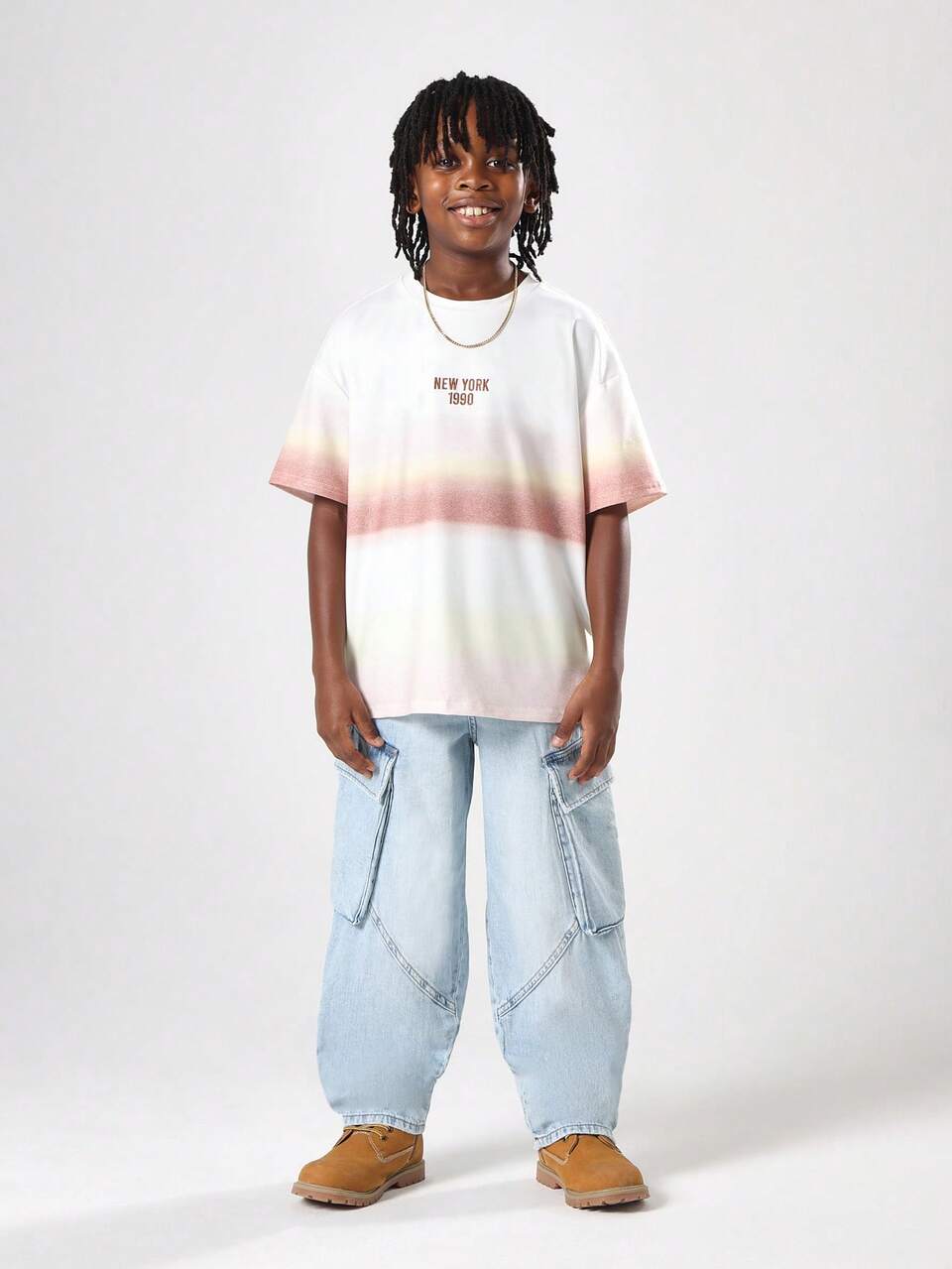 サンセットオンブレプリントのホワイトグラフィックTシャツ