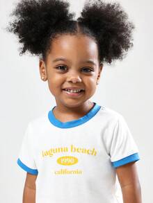 SUMWON Girls Retro California T-Shirt Summer Beach Laguna Graphic Print Cotton Ringer Tee With Blue Trim Youth Fashion Casual Wear Classic Fit - White - View 3
