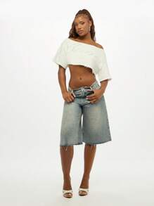 SUMWON WOMEN 露肩水钻徽标短款上衣短袖休闲夏季节日毛边毛边节日派对俱乐部服装晚间街头时尚 - 白色 - 查看 7