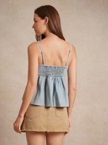 WESTFADE 方领可拆卸肩带褶饰后背棉混纺牛仔娃娃装上衣夏季 7 月 4 日海滩度假装 - 淺色水洗藍 - 查看 2