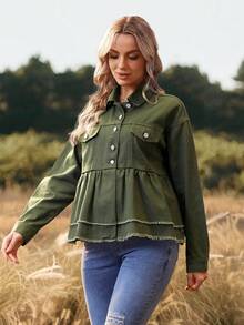 SHEIN Maternity Casual Solid Color Frayed Denim Jacket, Spring/Autumn - Army Green - View 5