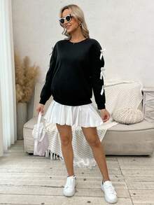 SHEIN Women's Long Sleeve Crew Neck Sweatshirt, Bowknot Cuff Decor, Maternity Autumn - Black - View 5