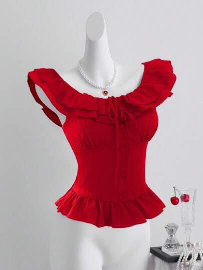 SHEIN Clasi قميص نسائي بتصميم ضيق وطراز قديم، يغطي الرقبة بكشكشة حمراء، أنيق ويمنح مظهراً شابًا