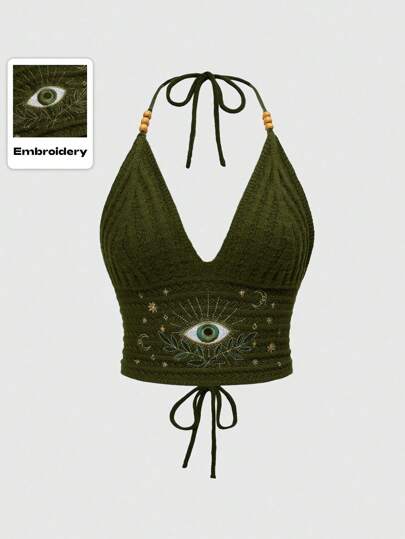 Hippie Vacation Style Eye, Moon & Star Embroidered Blue-Green Women Beaded Top