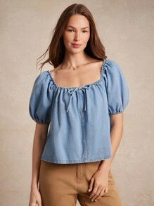 WESTFADE 方领蝴蝶结前褶 A 字形棉混纺牛仔短款泡泡袖上衣夏季海滩度假西部波西米亚牛仔风格早午餐 - 淺色水洗藍 - 查看 5