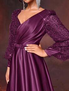 Glamrae Váy maxi satin dài tay đính hạt sequin lấp lánh thanh lịch màu đỏ burgundy sang trọng có thắt lưng có thể tháo rời, thích hợp cho đám cưới, tiệc tùng, kỳ nghỉ, tốt nghiệp, vũ hội, mẹ cô dâu - Màu tím - Xem 4