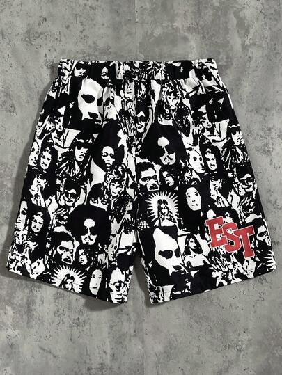 SHEIN 1 pieza Pantalones cortos casuales tejidos con estampado gráfico de llama y letras para adolescentes varones; Ropa para adolescentes varones; Chaquetas para niños, Vuelta a la escuela en primavera