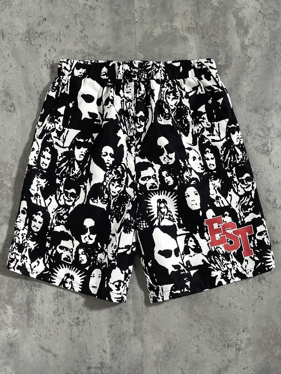 1 Quần short dệt thường ngày có họa tiết ngọn lửa in chữ cho bé trai tuổi teen; Quần áo cho bé trai tuổi teen; Áo khoác trẻ em, Mùa xuân trở lại trường - màu đen - Xem 1